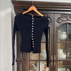 Free People Black Button-Down Ribbed Top